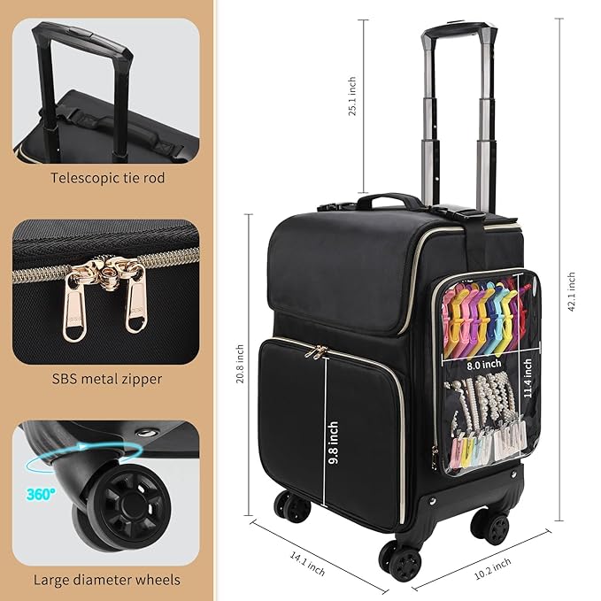 Large Makeup Train Case for Hairstylists & Hairdressers - Cosmetic Organizer with Detachable Pouch, Heat-Insulated & Anti-Scald Full Layer, Hairdressing Tool Storage Trolley with 4 360° Swivel Wheels