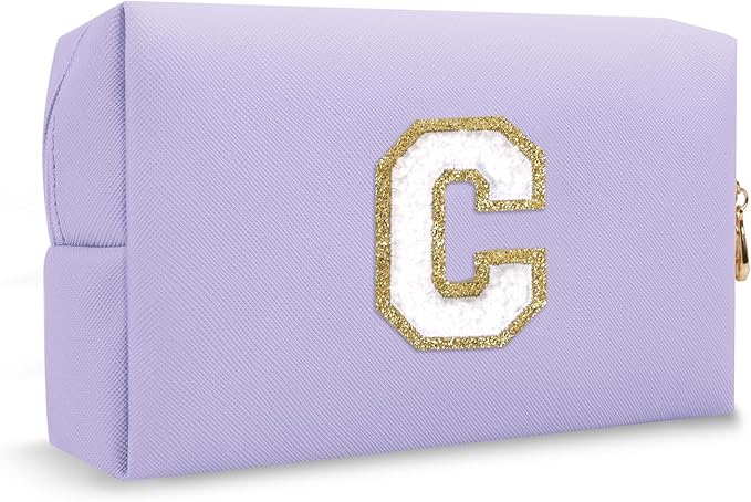 Personalized Initial Preppy Makeup Bag, Small Purple Cute Travel Toiletry Zipper Pouch Monogram Cosmetic Organizer,PU Waterproof Glitter Makeup Storage Case Gifts for Female Coworker Friends(Letter C)