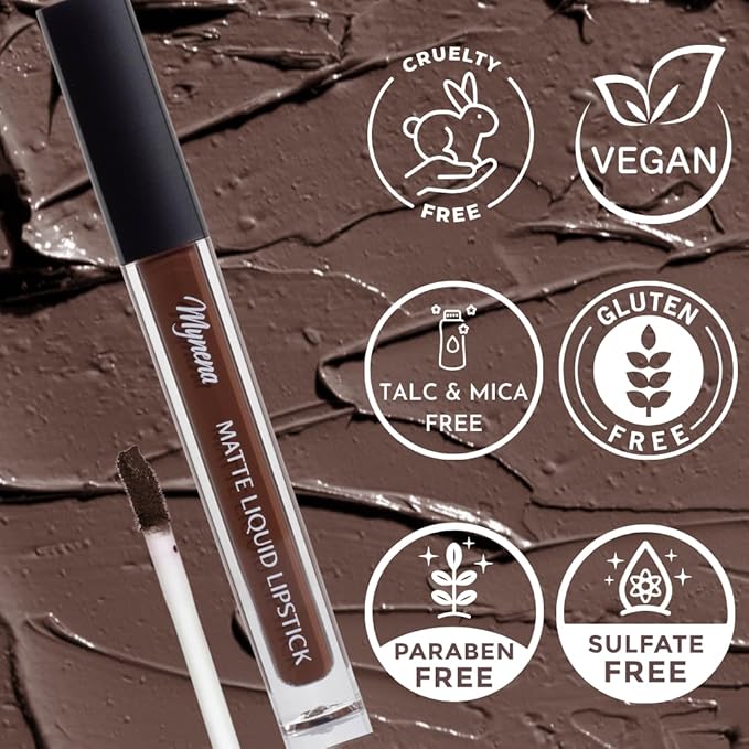 Mynena Brown Long Lasting Lipstick for Women Waterproof & Transfer-Proof | Hydrating with Shea Butter | Bold Pigment Intense Matte Color Lip Stain | Talc-Free & Vegan Product that Performs | Cyndia