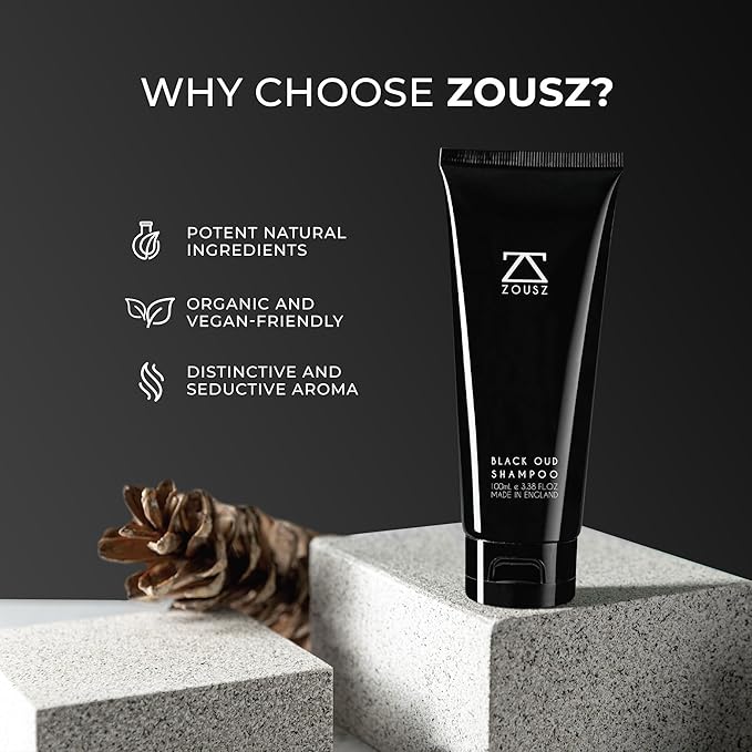 ZOUSZ Black Oud Men's Shampoo, Hair & Beard Cleaner and Strengthener, Vegan & Hypoallergenic Shampoo , 3.38 Fl Oz Hair Shampoo & Beard Wash Kit Essential