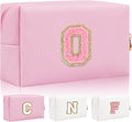 Iqimott Personalized Initial Letter Patch Makeup Bag, Preppy Small Chenille Letter Cosmetic Bag with Zipper, PU Leather Waterproof Travel Toiletry Bag Monogram Make Up Pouch for Women Girls(Letter O)