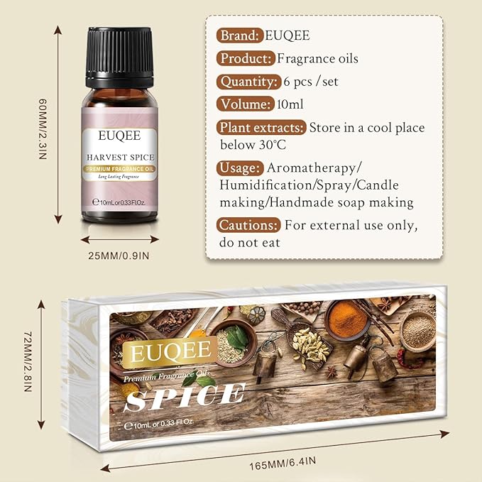 EUQEE 6PCS Spice Autumn Fragrance Oil Set, Scented Oils for Candle Making, Diffusers Aromatherapy Halloween Fragrance Oils for Diffuser & DIY Candles-Sandalwood, Harvest Spice, Bay Rum, Snickerdoodle