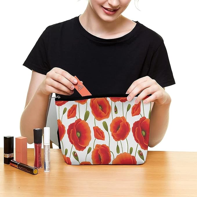 Fashion Makeup Cosmetic Case Clutch Bag, Floral of Red Flowers Pattern Travel Makeup Train Case Organizer Large Capacity Carry On Bag, Luggage Pouch, Makeup Pouch for Women