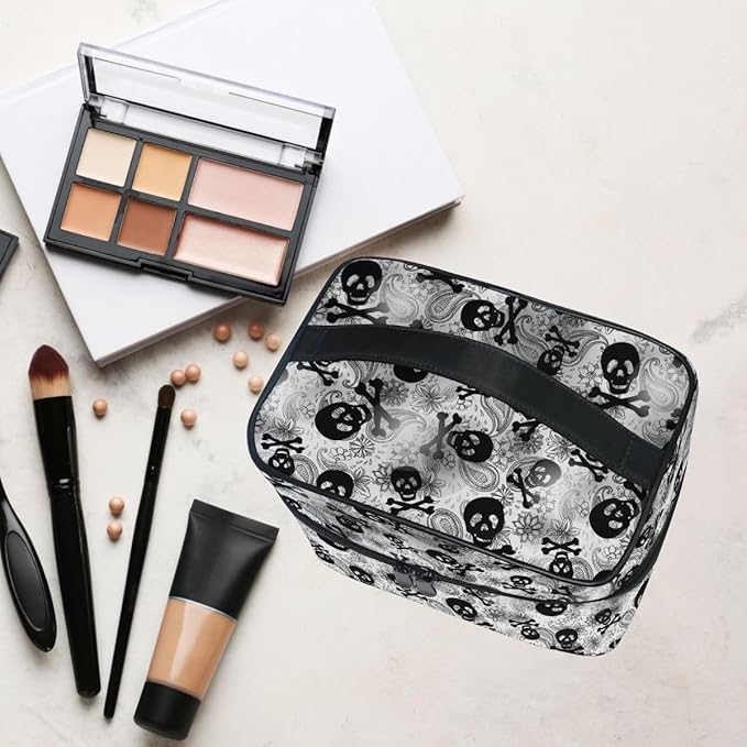 Makeup Bags, Gothic Skulls Black Grey Paisley Makeup Organizer Bags Toiletry Bag Box Travel Cosmetic Bag Make Up Train Case for Women Teen Girl Ladies