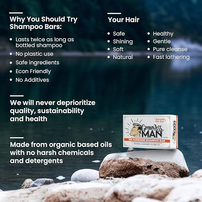 Grown Ass Man Co. - Solid Shampoo Bar Rich Lather 3 in 1: Hair, Beard & Body Wash - Plastic Free & Eco-Friendly, Natural & Organic Clean for All Hair Types, 4oz Bar (Mister Sunshine, Single)