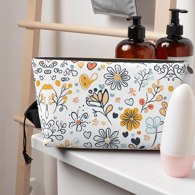 Womens Leather Makeup Bag Cosmetic Bag Travel Toiletry Bags Make Up Bags for Women Adult (Boho·Floral)