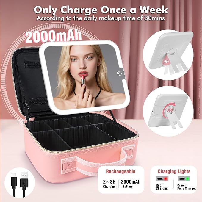 Makeup Bag with Mirror and Light, Travel Makeup Train Case with LED Lighted Removable Mirror, Portable Cosmetic Organizer Make up Bag with 3 Colors Dimming Light, Adjustable Dividers & Brush Board