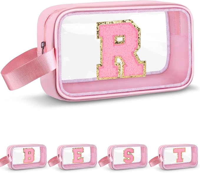 Initial Makeup Bag,Letter R Cute Clear Monogrammed Cosmetic Travel Bag for Womens Girls,Personalized Pink Aesthetic Traveling Make Up Organizer Bag for Beach,Waterproof Toiletry Bag