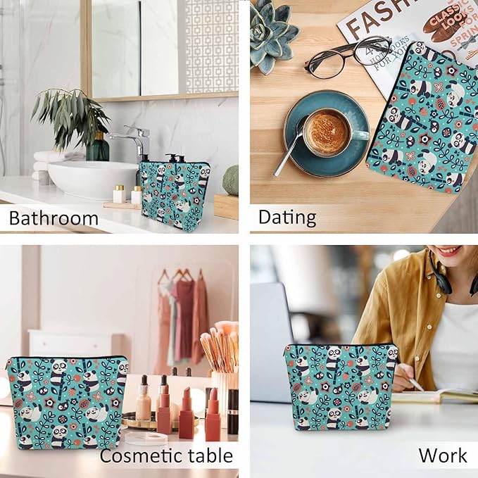 Panda Cosmetic Bags For Women, Cute Pandas Bamboo Berry Flowers Roomy Makeup Bag Toiletry Bag Accessories Organizer Storage Bags Makeup Pouch For Travel Business Gym Camping Bathroom