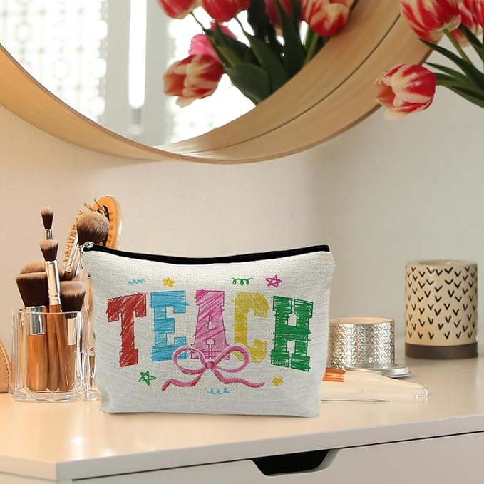 Teacher Makeup Bag, Teacher Appreciation Gifts Cosmetic Bags for Women, End of Year Teachers Gifts, Coquette Bow Teach Zipper Makeup Pouch for Teachers