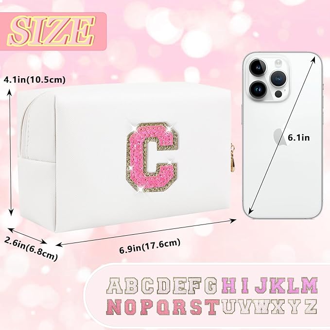 Personalized Initial Letter Makeup Bag, Preppy Glitter Letter Patch Cosmetic Pouch Zipper,PU Waterproof Travel Toiletry Bag Cute Makeup Organizer Monogrammed Make Up Bag,Gift for Women Girls