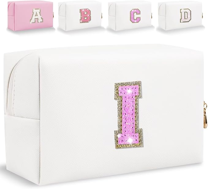 Glitter Initial Letter Makeup Bag, Small Personalized Sequins Letters PU Leather Cosmetic Bag Portable Waterproof Makeup Zipper Pouch, Shine Handbag Organizer Travel Bag Gifts for Women&Girls(White-I)