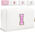 Glitter Initial Letter Makeup Bag, Small Personalized Sequins Letters PU Leather Cosmetic Bag Portable Waterproof Makeup Zipper Pouch, Shine Handbag Organizer Travel Bag Gifts for Women&Girls(White-I)