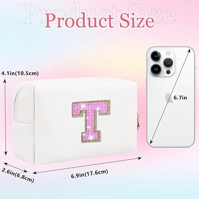 Glitter Initial Letter Makeup Bag, Small Personalized Sequins Letters PU Leather Cosmetic Bag Portable Waterproof Makeup Zipper Pouch, Shine Handbag Organizer Travel Bag Gifts for Women&Girls(White-T)
