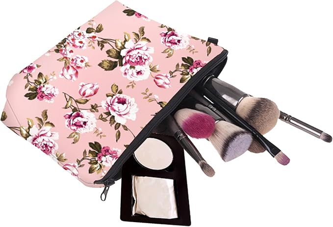 Cute Travel Makeup Bag Cosmetic Bag Small Pouch Gift for Women (Flowers Blush Pink)