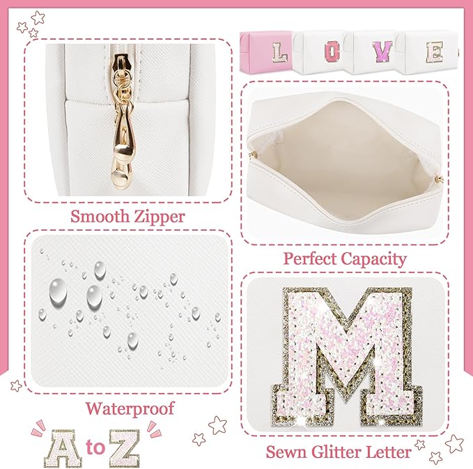 Initial Letter Patch Makeup Bag, Small Preppy A-Z Glitter Letter Cosmetic Bag, PU Leather Waterproof Travel Toiletry Bag, Cute Make Up Pouch Personalized Monogrammed Gift for Women Teen Girls