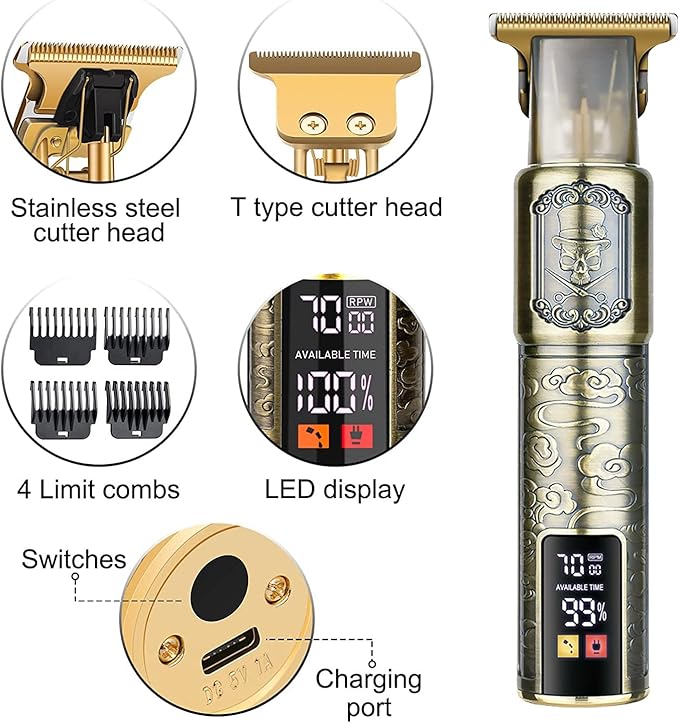 Hair Clippers for Men - Cordless T-Blade Trimmer - Professional Haircut & Grooming Kit - Rechargeable - LCD Display (Figure-01)
