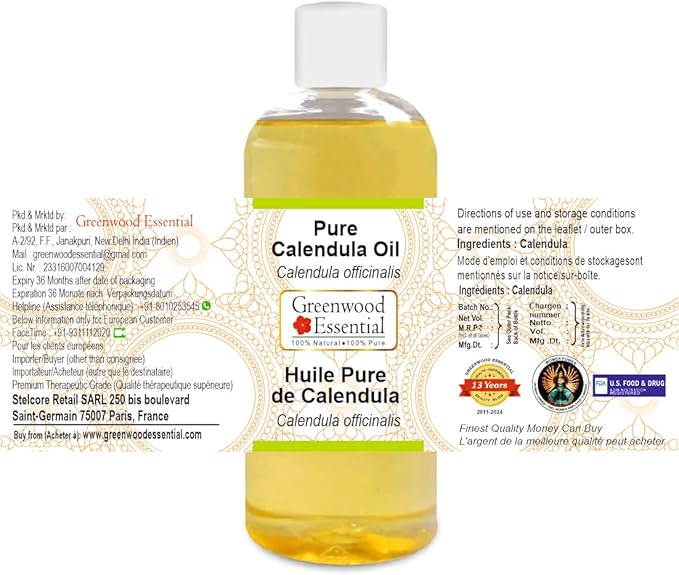 Greenwood Essential Pure Calendula oil (Calendula officinalis) Natural Therapeutic Grade 200ml (6.76 oz)