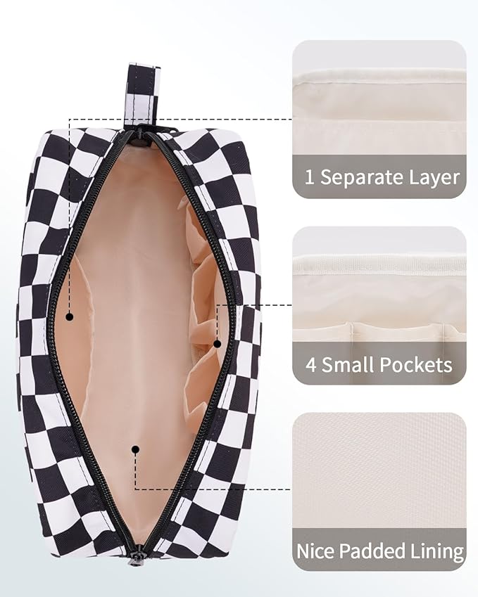 Narwey Checkered Makeup Bag Travel Cosmetic Bag Organizer Small Toiletry Bag Make Up Bags with Organized Pockets for Women (Black Checkerboard, Large)