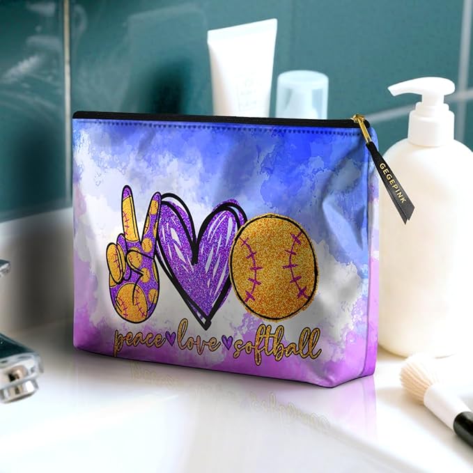 Cute Makeup Bag for Purse Waterproof Cosmetic Bags for Women Funny Smooth Zipper Travel Toiletry Pouch 10X8 Inches-Peace Love Softball Makeup pouch