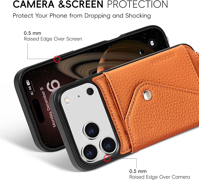 LUCKYCOIN Crossbody Wallet Phone Case for iPhone 17 Pro Max,100% Genuine Leather Wallet Phone Case with Expandable Flip Card Holder,Phone Purse for Women with Adjustable Removable Strap - Pebble Brown
