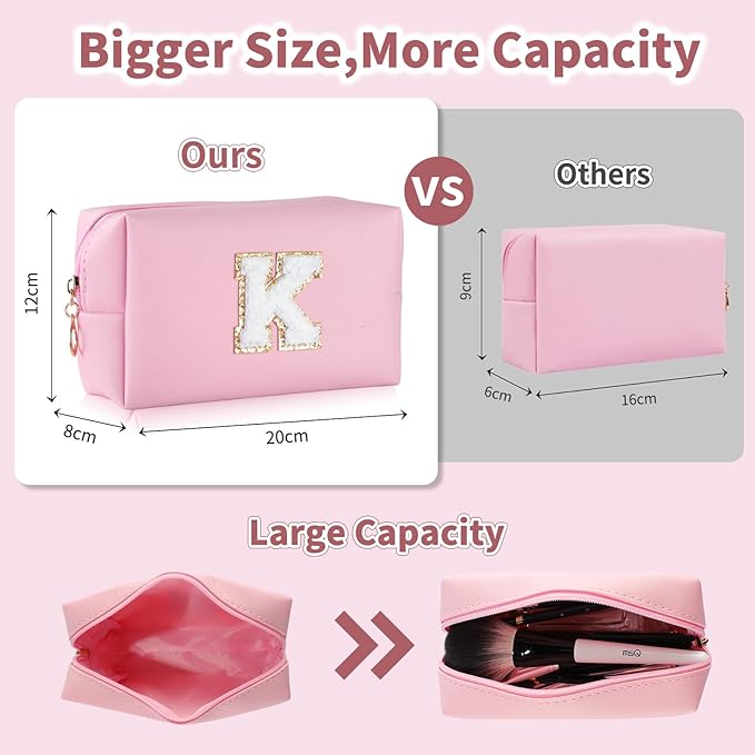 MSQ Personalized Makeup Bag Initial A-Z Patch Bag, PU Leather Cosmetic Bag Pouch Travel Toiletry Bag with Zipper, Gift Ideal for Teen Girls Friend Mom Women Birthday(Pink K)