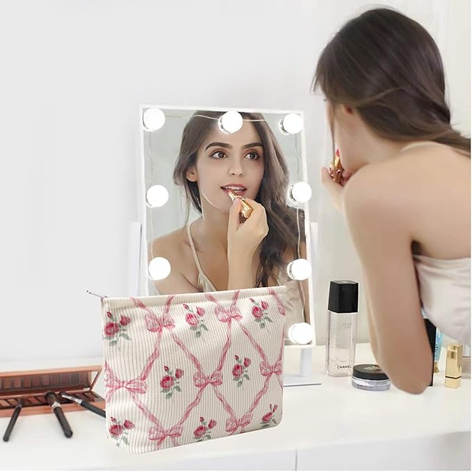 Cosmetic Bags for Women - Corduroy Cosmetic Bag Aesthetic Women Handbags Purses Smile Dots Makeup Organizer Storage Makeup Bag Girls Case Bags (Flowers-Pink)