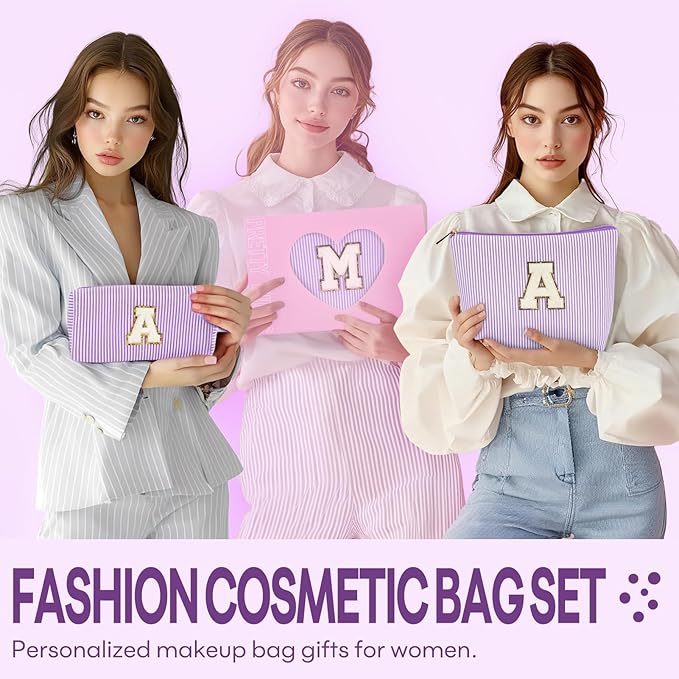 2 PCS Initial Makeup Bags for Women: Cosmetic Bag for Travel Toiletry - Birthday Gifts for 11 12 13 14 15 16 17 18 Years Old Girl Graduation Teacher Gift- Teen Girl Gifts Trendy Stuff - Purple A