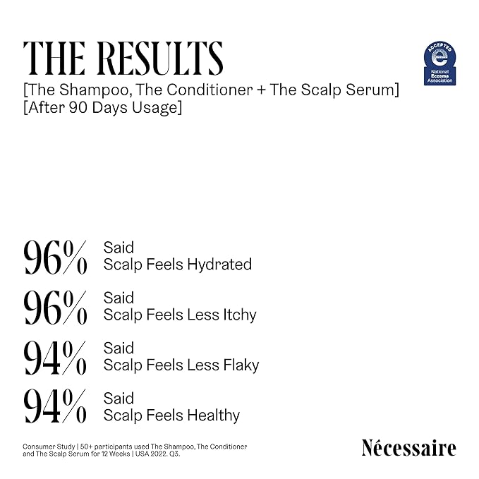 Nécessaire The Hair Duo - Shampoo and Conditioner Set 2 x Full-Size. The Shampoo + The Conditioner. Hyaluronic Acid + Vitamin B Complex. Fragrance-Free. Approved by the National Eczema Association.