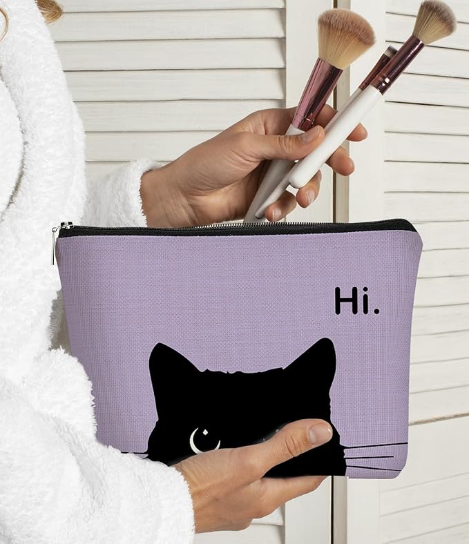 Cute Cat Makeup Bag, Black Kitty Cosmetic Pouch - Retro Stripes