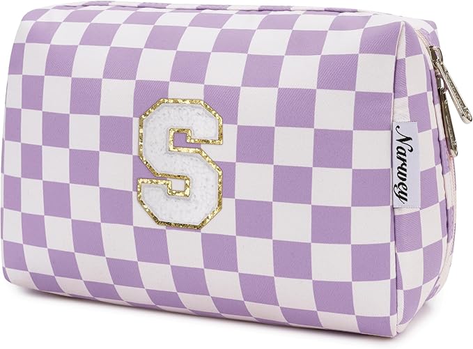 Narwey Birthday Gifts for Women Teen Girls Kids Personalized Initial Makeup Bag Monogram Preppy Cosmetic Bag Trendy Stuff 6 8 10 11 12 13 14 16 18 Years Old Travel Toiletry Bag (Purple S)