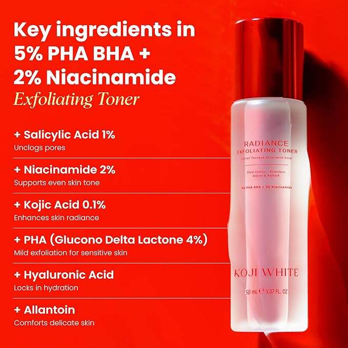 Koji White Exfoliating Toner for Face with 5% PHA BHA Toner, 2% Niacinamide, Kojic Acid & Hyaluronic Acid | Hydrating & Soothing Facial Toner | Unscented, Sensitive, Vegan, 150ml (5.07 Fl Oz)