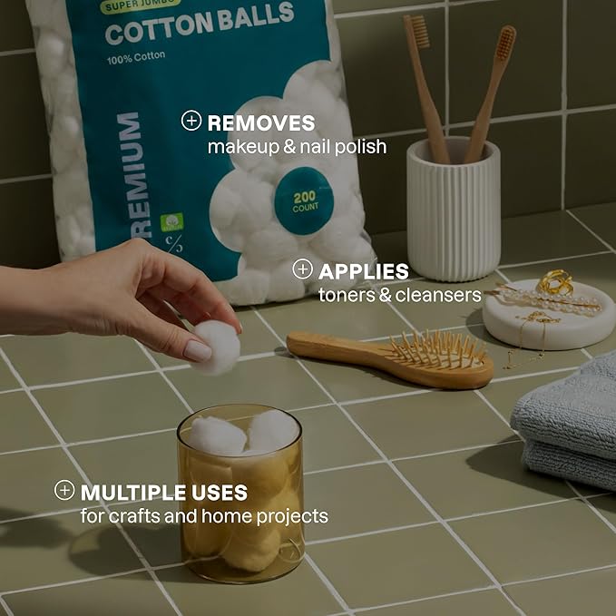 Cliganic Super Jumbo Cotton Balls (200 Count) - Hypoallergenic, Absorbent, Large Size, 100% Pure