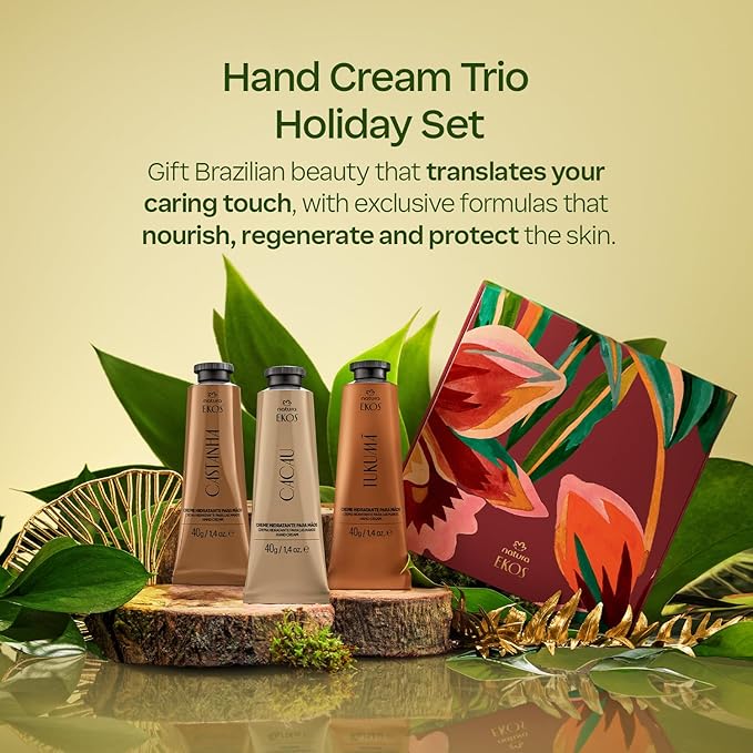 natura - Hand Cream Trio Holiday Gift Set – Travel Size, Brazil Nut, Tukumã & Cacau | 100% Vegan, Deep Nourishing Hand Creams Gift Box 1.4 oz (40g)