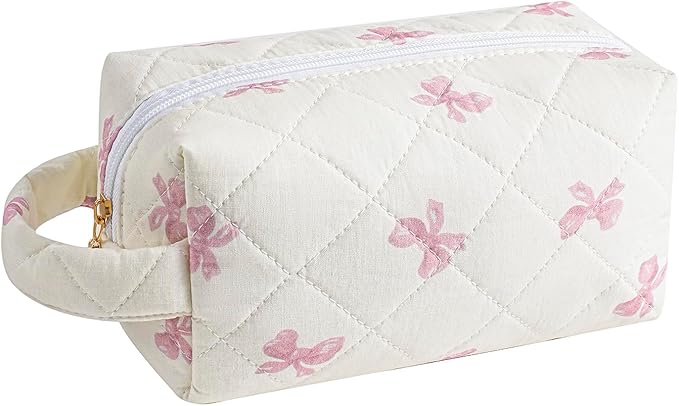JOVAKIT Travel Makeup Bag Cosmetic Bag for Women, Christmas Gifts, Small Floral Flowers Coquette Toiletry Bag with Handle, Zipper Make Up Pouch Organizer Bag Trendy Stuff (Pink Bow Tie)
