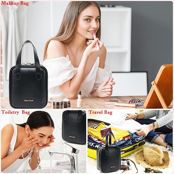Travel Makeup Bag, Large Flat-Open Cosmetic Bag Make Up Organizer Case for Women, Waterproof PU Leather Toiletry Bag with Brush Compartment Skincare Pouch for Toiletries Accessories