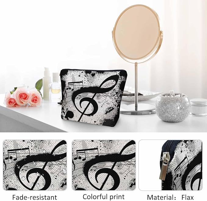 Music Notes Makeup Organizer Bag Cosmetic Bag For Men Women, Grunge Musical Notes Melody Black Travel Toiletry Bag Flax Makeup Bags Purse Business Makeup Pouch For Toiletries Cosmetics