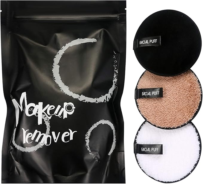 Vtrem 3 Colors Reusable Makeup Remover Pads Washable Double-Side Face Eye Lip Remover Pads Multi-Function Microfiber Soft Facial Cleaning Puffs Towels for All Skin, Black/White/Coffee