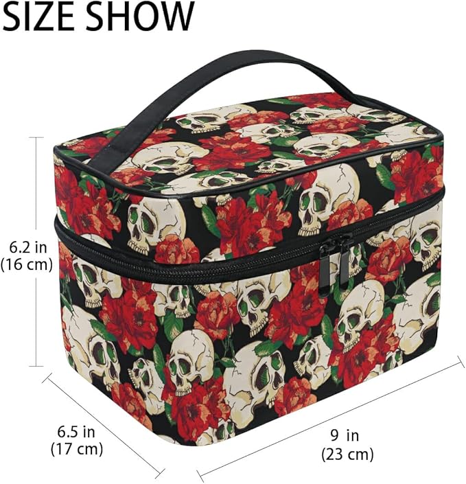 Skull Goth Makeup Bag, Gothic Skull and Flower Travel Makeup Organizer Bags Toiletry Bag Box Travel Cosmetic Bag Make Up Train Case for Women Teen Girl Ladies