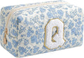 Gleyemor Personalized Initial Makeup Bag for Women, Cute Quilted Blue Floral Cotton Cosmetic Bag, Christmas Gifts for Her Mom Friend Sister Bridesmaid Teacher Women Q