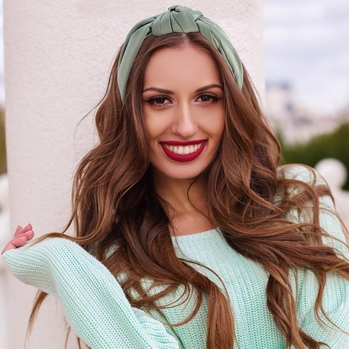 VELSCRUN White, Green 2 Pack Women's Satin Knotted Wide Non-Slip Elastic Turban Fashion Headbands for Hair Styling Accessories