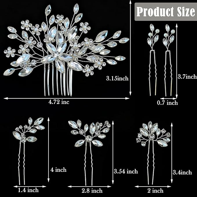 6 pcs Wedding Hair Accessories Bridal Hair Pins Silver Rhinestone with Pearls Hair Pieces for Brides Women Girls