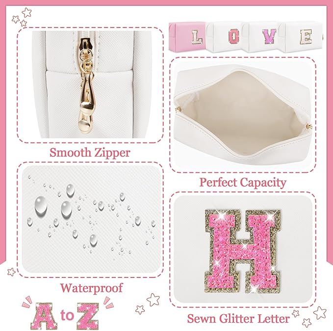 Personalized Initial Makeup Bag, Small Glitter Letter Patch Cosmetic Pouch Zipper, Preppy Makeup Organizer PU Waterproof Travel Toiletry Bag,Monogrammed Birthday Gift for Women Girls(Letter H)