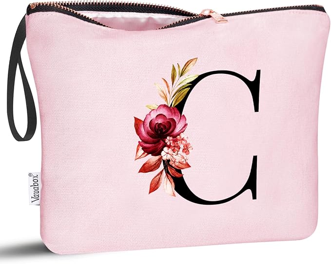 Vavabox A-Z Personalized Makeup Bag, Birthday Gifts for Women Mom, Gifts for Best Friend, Bride Bridesmaid Cosmetic bag (C, Pink)