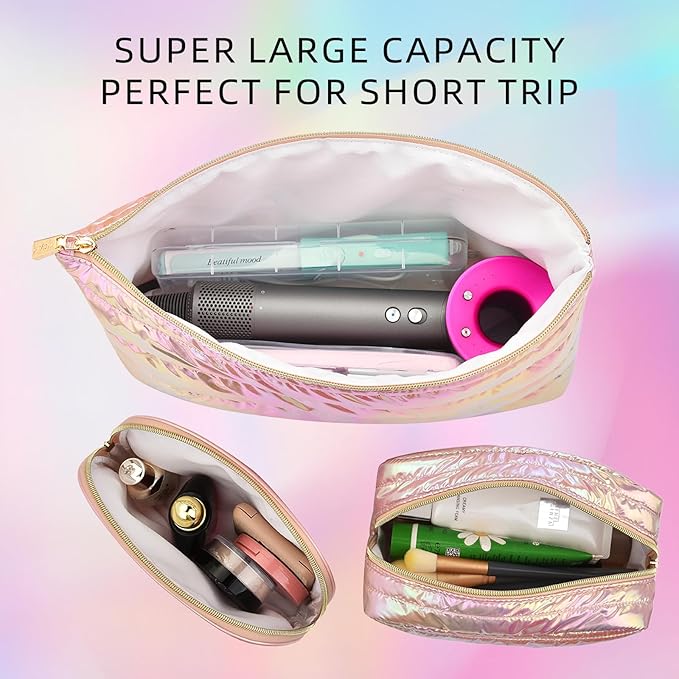 Hiroyuki Iridescent Quilted Makeup Bag, 3pcs Cute Makeup Bag Set, Large Capacity Cosmetic Organizer Travel Toiletry Pouch (plain, pink)