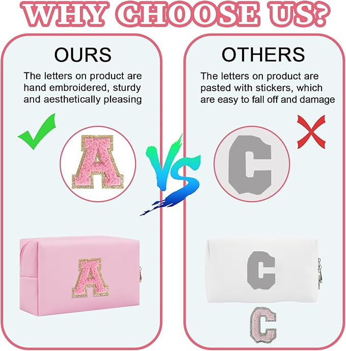 Personalized Initial Letter Patch Makeup Bag, Preppy Small Chenille Letter Cosmetic Bag with Zipper, PU Leather Waterproof Travel Toiletry Bag Monogram Make Up Pouch for Women Girls(Letter U)