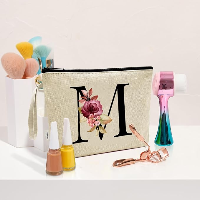 Vavabox A-Z Personalized Makeup Bag, Birthday Gifts for Women Mom, Gifts for Best Friend, Bride Bridesmaid Cosmetic bag (M, Yellow)