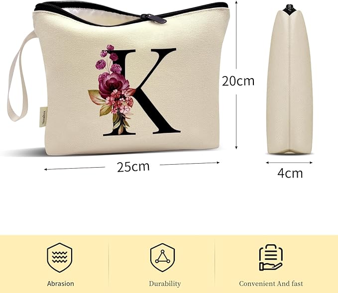 Vavabox A-Z Personalized Makeup Bag, Birthday Gifts for Women Mom, Gifts for Best Friend, Bride Bridesmaid Cosmetic bag (K, Yellow)