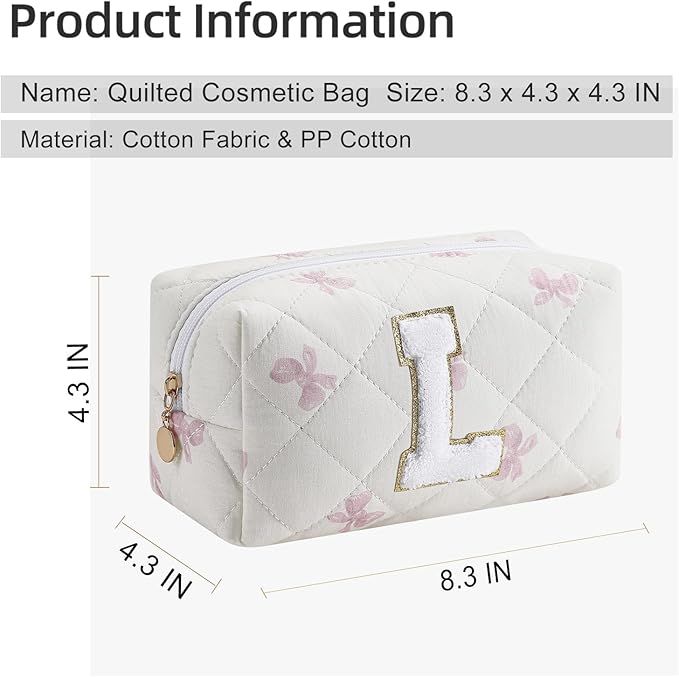 Gleyemor Personalized Initial Makeup Bag for Women, Cute Quilted Pink Floral Cotton Cosmetic Bag, Christmas Gifts for Her Mom Friend Sister Bridesmaid Teacher Women L