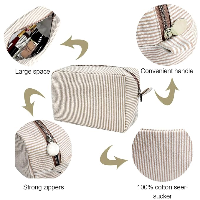 GFU Cosmetic Bags for Women, Seersucker Cosmetic Bag, Travel Toiletry Stripe Makeup Bag, Large Women Aesthetic Organizer Storage Pouch, Girls Handbags Purses, brown